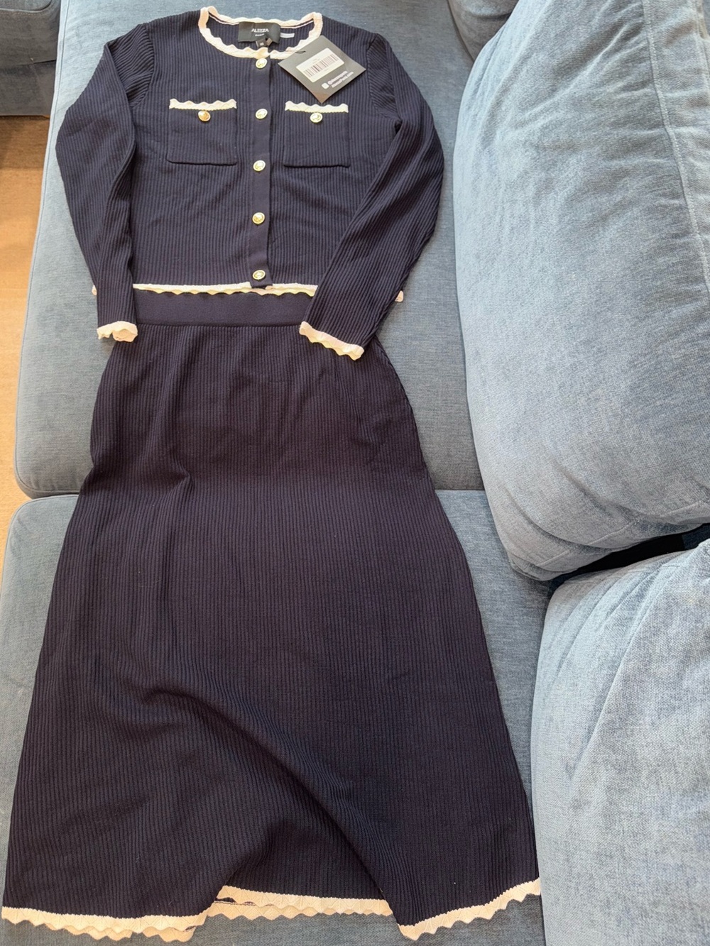 Aleeza Paris Navy Knit set with Cream Scalloped Trim